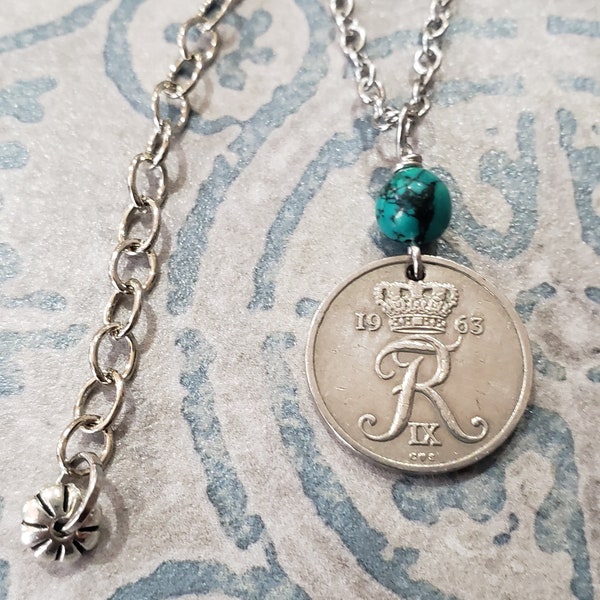 Denmark Coin Necklace -Green Turquoise -Krone -R Monogram -Frederik IX -Dates 1948 to 1960 -Crown Necklace -Denmark Gift -Danish Gift 5105 A