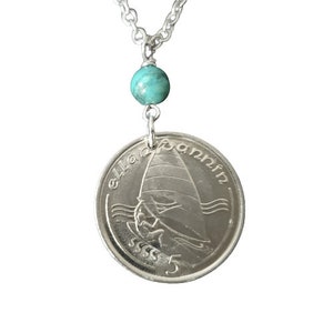 Isle of Man Coin Necklace Green Turquoise Windsurfer 5 Pence Coin Windsurfer Gifts Celtic Necklace 1988 to 1990 Coin Beach 5095 A image 6