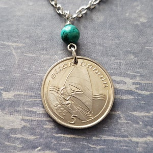 Isle of Man Coin Necklace Green Turquoise Windsurfer 5 Pence Coin Windsurfer Gifts Celtic Necklace 1988 to 1990 Coin Beach 5095 A image 5