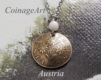 Edelweiss -Austrian Coin Necklace -Flower Pendant -Austria 1 Shilling Coin -Moonstone Gemstone -Domed Coin -Sound of Music  5008