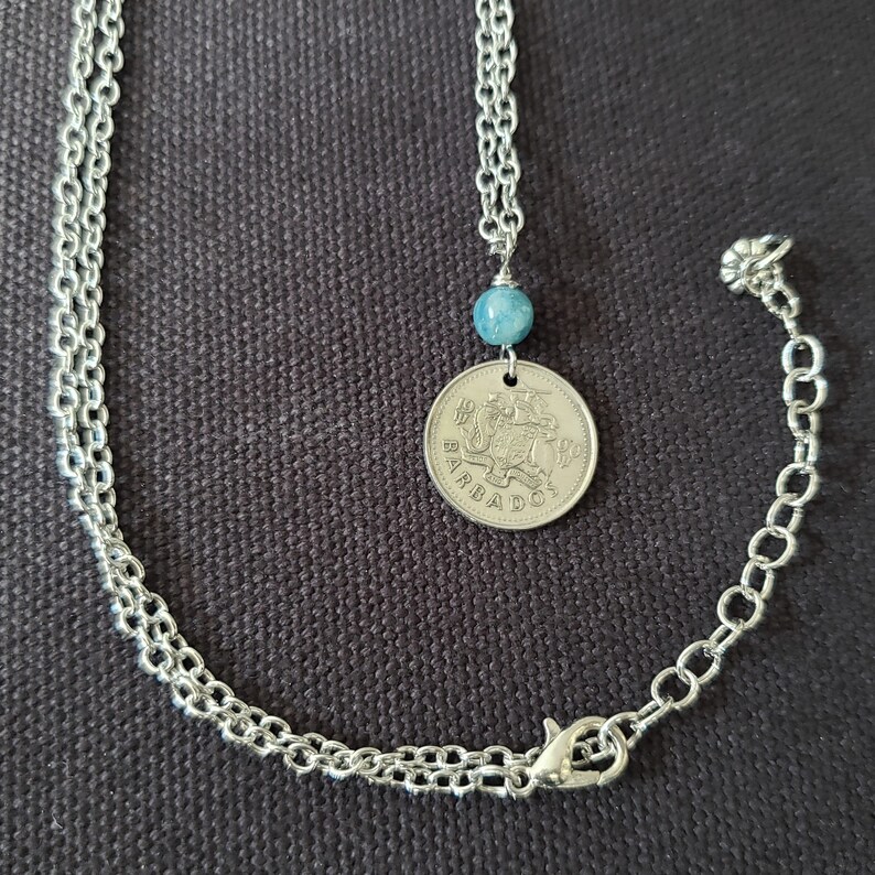 Barbados Coin Necklace blue Apatite Gemstone seagull dates 19732005
