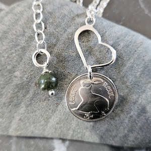Lucky Rabbit 3 Pence Necklace -Sterling Silver Heart -.925 Sterling Silver -Irish Connemara Marble -Domed Coin -Ireland -Celtic -Eire 5203