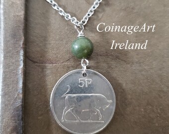 Irish 5 Pence Coin Necklace -Irish Connemara -Ireland -Dates 1969 to 1990 -Harp -Irish -Ireland Coin -Taurus -Bull -May Birthday  5115 A
