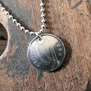 Celtic Harp Coin Necklace Irish Harp and Bull Domed 5 Pence Authentic Ireland Coin Dated 1992 to 2000 -Irish Necklace Gaelic Harp Coin 5205