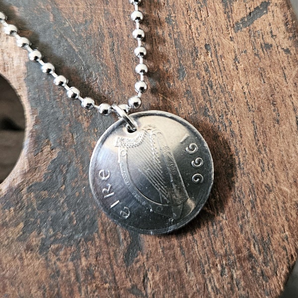 Celtic Harp Coin Necklace Irish Harp and Bull Domed 5 Pence Authentic Ireland Coin Dated 1992 to 2000 -Irish Necklace Gaelic Harp Coin 5205