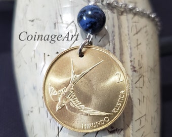 Slovenia Swallow Coin Necklace -Bird Necklace -Dumortierite Gemstone -Brass Coin -Barn Swallow -Bird Jewelry -Brass Jewelry 5035 A