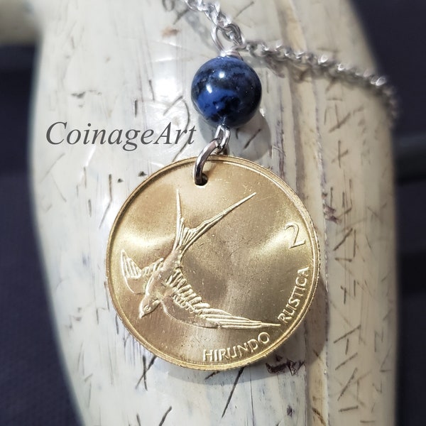 Slovenia Swallow Coin Necklace -Bird Necklace -Dumortierite Gemstone -Brass Coin -Barn Swallow -Bird Jewelry -Brass Jewelry 5035 A