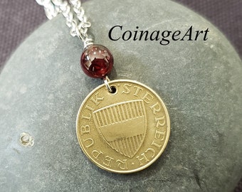 Austrian Coin Necklace -Garnet Gemstone -Austria Jewelry -Garnet Birthstone -January Birthstone -Austrian Gifts -Garnet Necklace  5069 A