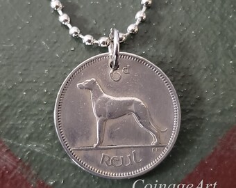 Celtic Coin Necklace -Irish Sixpence Coin -Ireland - 1928 to 1968 -Irish Wolfhound -Whippet -Irish Wedding Sixpence -Dog Jewelry  5083