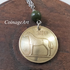 Irish 20 Pence Coin Necklace -Connemara Marble -Ireland -Domed Coin -1985 to 2000 -Celtic Necklace -Eire -Horse Necklace -Equestrian  5045 A