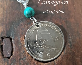 Isle of Man Windsurfer Coin Necklace   Green Turquoise  Windsurfer Pendant   Windsurfing Gifts   Celtic Necklace   1988 to 1990 Coin   5095