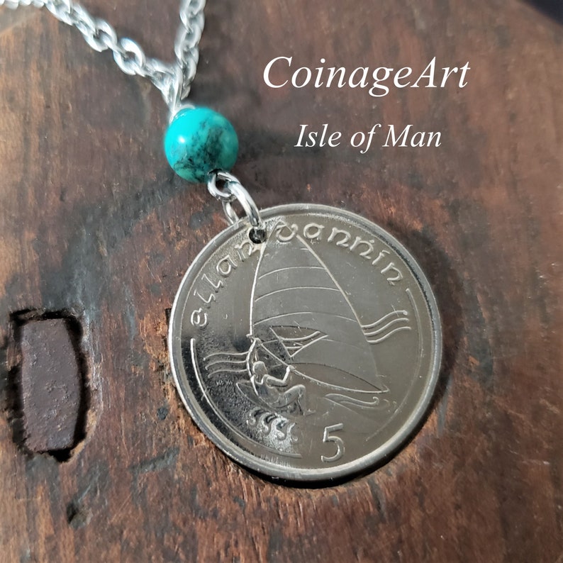 Isle of Man Coin Necklace Green Turquoise Windsurfer 5 Pence Coin Windsurfer Gifts Celtic Necklace 1988 to 1990 Coin Beach 5095 A image 1