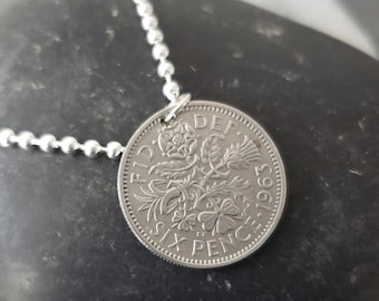 60th Birthday -British Sixpence Coin Necklace -Dated 1964 -60th Anniversary Gift -Sterling Silver Chain -Lucky Sixpence -60th Gifts 5182