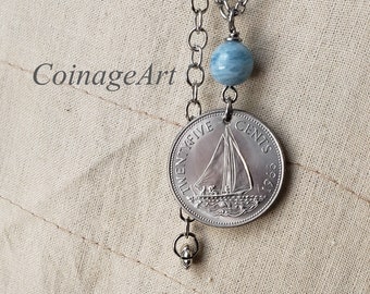 Bahamas Coin Necklace -Aquamarine Stone -March Birthstone -Dates 1966 to 1970 -Sailing Necklace -Nautical Jewelry -Queen Elizabeth II  5139