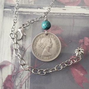 60th -Lucky Sixpence Necklace -60th Anniversary -Wedding Sixpence Coin -December Birthstone -1965 Coin -Turquoise -Queen Elizabeth II 5088 A