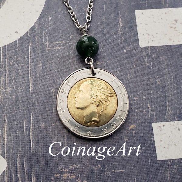 Italian Braille Coin Necklace, Moss Agate, 500 Lire Coin, Italian Necklace, Italian Gifts, Italy Jewelry, Italian Charm Necklace 5007 A