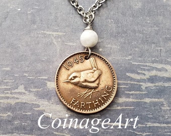 British Coin Necklace -Farthing -Wren -Bird Necklace -Moonstone Gemstone -Farthing Jewelry -Bronze Jewelry -Bronze Anniversary  5013 A.