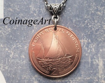Isle of Man 2 Pence Coin Necklace -Sailboat Necklace -Connemara Marble Necklace -Manx Lugger Boat -Celtic Jewelry -Nautical Jewelry 5036 A