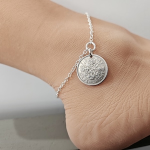 Silver Sixpence Coin Anklet -.925 Sterling Silver Chain Anklet -Blue Dumortierite -Lucky Sixpence -Sixpence for Bride -Something Blue  5198