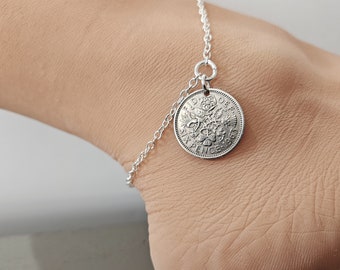 Silver Sixpence Coin Anklet -.925 Sterling Silver Chain Anklet -Blue Dumortierite -Lucky Sixpence -Sixpence for Bride -Something Blue  5198