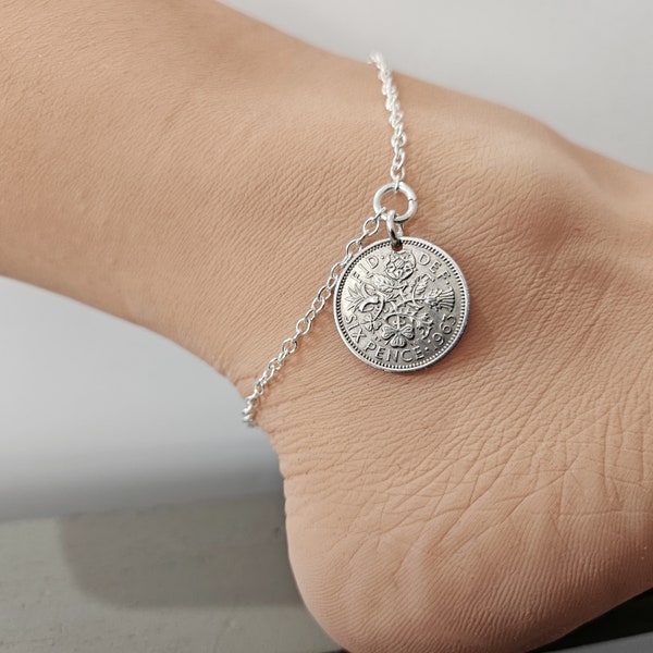 Silver Sixpence Coin Anklet -.925 Sterling Silver Chain Anklet -Blue Dumortierite -Lucky Sixpence -Sixpence for Bride -Something Blue  5198