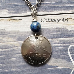 Norway Coin Necklace -Lapis Lazuli Gemstone -Norwegian -Chickadee -Domed Coin -1958 to 1973 -Norway Jewelry -Bird Jewelry -Norge  5049 A