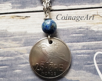 Norway Coin Necklace -Lapis Lazuli Gemstone -Norwegian -Chickadee -Domed Coin -1958 to 1973 -Norway Jewelry -Bird Jewelry -Norge  5049 A
