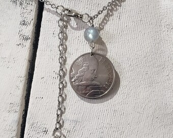 1950's Coin Necklace -French Pendant Jewelry -France -Domed Coin -Blue Labradorite Gemstone -Labradorite Stone -Stress Relief  5009