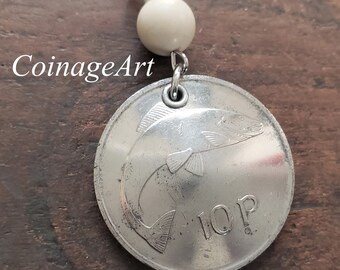 Pisces   Irish Coin Necklace   Ulster Marble   Fish Charm   Domed 10 Pence   Dates 1969 to 1986   Eire   Irish Gifts Gaelic Jewelry  5056