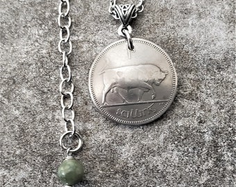 Irish 1 Shilling Necklace -Connemara Marble -Ireland -Domed Coin -Eire -Bull Necklace -Harp Necklace -Taurus Gift -Connemara Necklace 5165