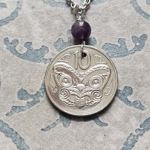 Amethyst -New Zealand Butterfly Coin Necklace -February Birthstone -Butterfly Necklace -1 Shilling Coin -Queen Elizabeth II   5163