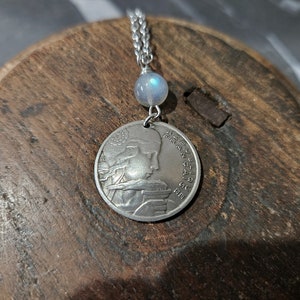 French Coin Necklace -Blue Labradorite Gemstone -France -Domed Coin -French Charm -French Gift -France Gift -Blue Necklace 5009 A