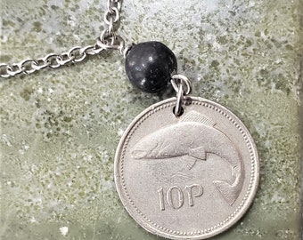 Irish Coin Necklace -Irish Kilkenny Marble -Ireland -10 Pence Coin -Dates 1993 to 2000 -Eire -Celtic -Harp Necklace -Irish Gifts 5130 A