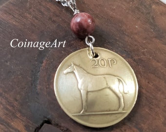 Irish 20 Pence Coin Necklace -Horse Necklace -Domed Coin -Celtic Necklace -Irish Cork Marble -Munster Province -Eire -Celtic Jewelry 5046 A