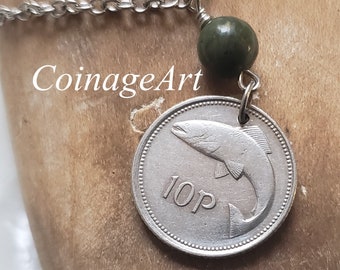Irish 10 Pence Coin Necklace -Connemara Marble -Salmon -Ireland -Dates 1993 to 2000 -Eire -Fisherman -Pisces Jewelry -Celtic Necklace 5127 A