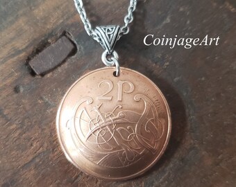 Irish 2 Pence Coin Necklace -Connemara Marble -Crane Necklace -Celtic Necklace -Domed Coin -Harp -Irish Gifts  -St Patrick's Day  5117 A