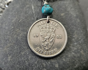 Norway Coin Necklace -Norwegian Coin -50 Ore -1953 to 1957 -Lion Shield -Crowned H7 Monogram -Blue Chrysocolla Gemstone -Scandinavia  5223