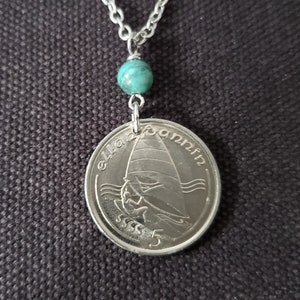 Isle of Man Coin Necklace Green Turquoise Windsurfer 5 Pence Coin Windsurfer Gifts Celtic Necklace 1988 to 1990 Coin Beach 5095 A image 2