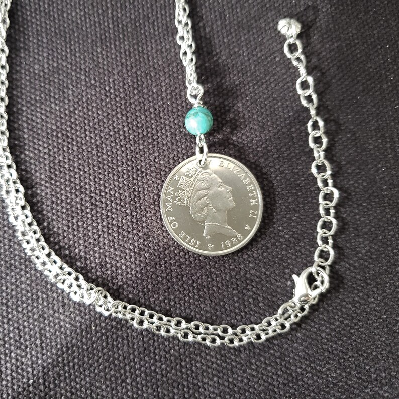 Isle of Man Coin Necklace Green Turquoise Windsurfer 5 Pence Coin Windsurfer Gifts Celtic Necklace 1988 to 1990 Coin Beach 5095 A image 3