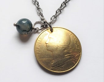 French Coin Lariat Necklace -Moss Agate -Domed Coin -France -Dates 1962 to 2001 -Gold Coin Necklace -French Gifts -Lariat jewelry  5132 A