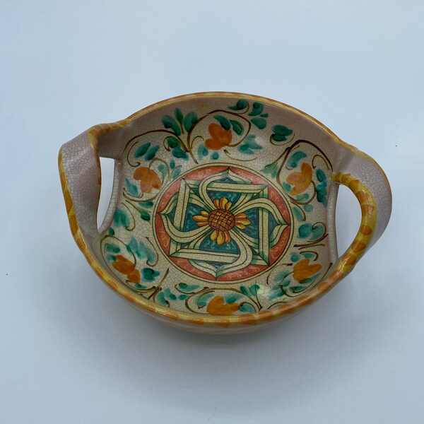 Vintage Caltagirone Bowl, Handles, Italian Ceramic Signed
