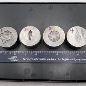 May include: Four metal stamps with different engraved designs: a mythical creature, a leaf, a floral pattern, and a pendant. Each stamp is numbered. A ruler is placed below the stamps. The text "Dairy checkoff works!" is visible.