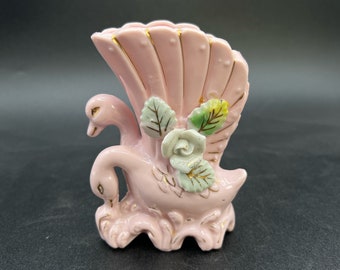 Vintage Swan Vase, Japanese Porcelain Pink, White Flowers, Bud Vase