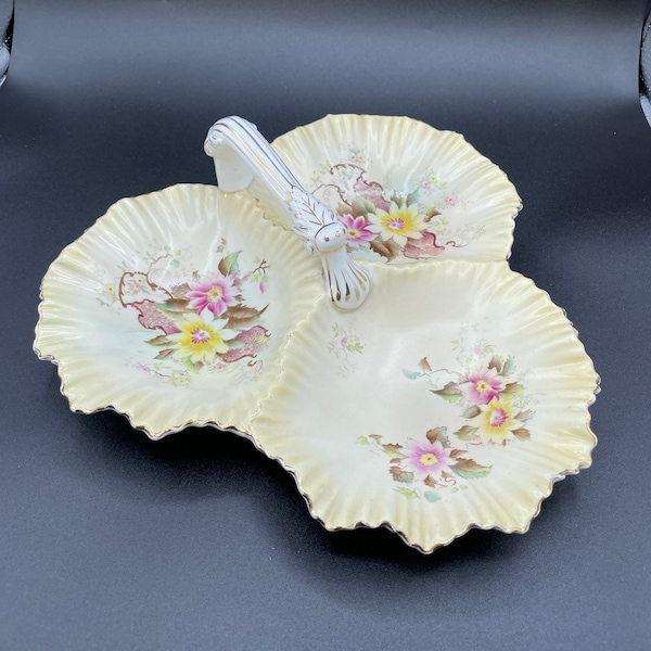 Vintage Serving Dish, Dated 1885, Pink Yellow Flowers, Divided Nut/Candy Dish,  Carlton Ware W & R Stoke on Trent England