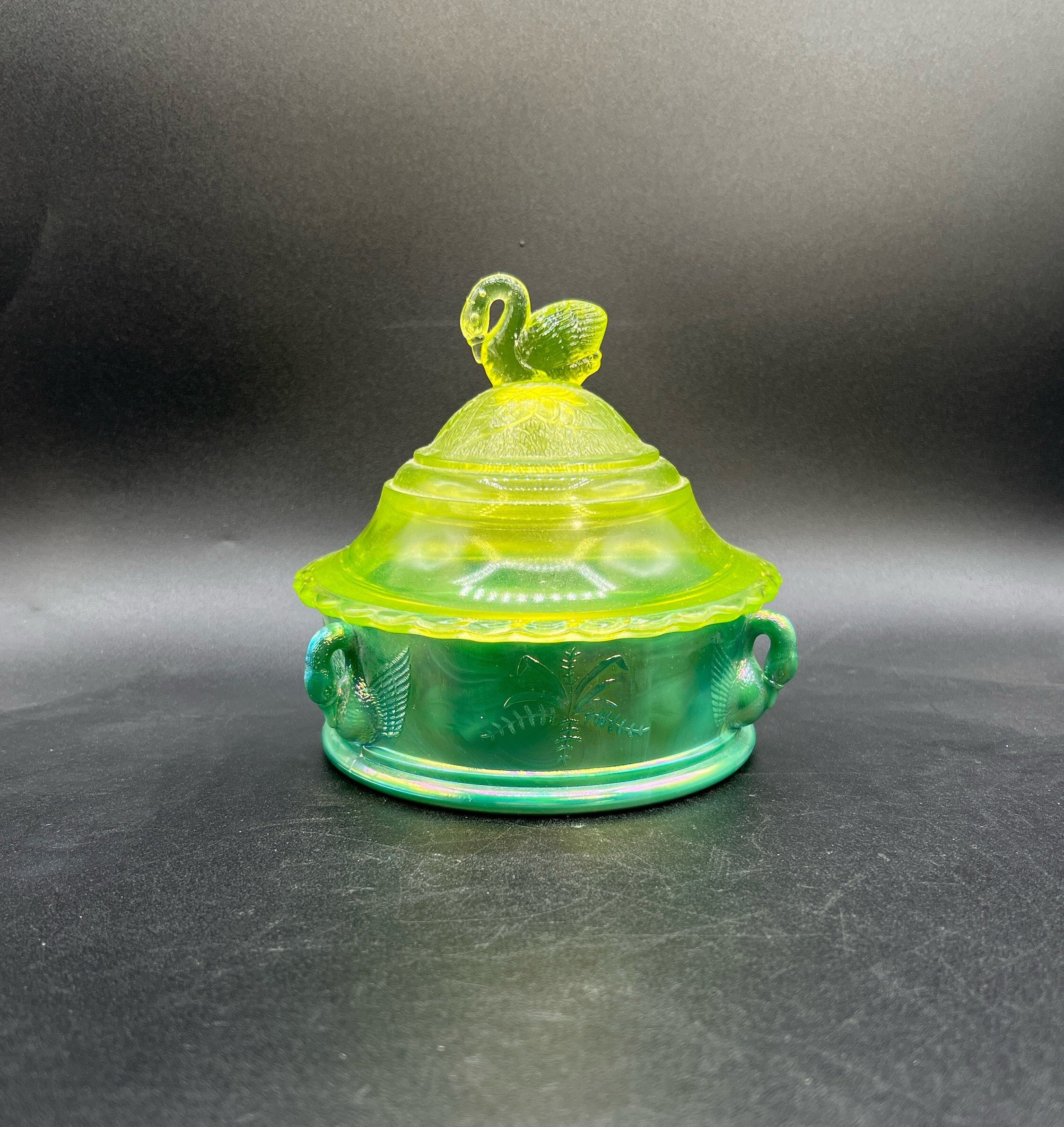 Vintage Westmoreland Swan Covered Dish, Uranium Glass Lid With