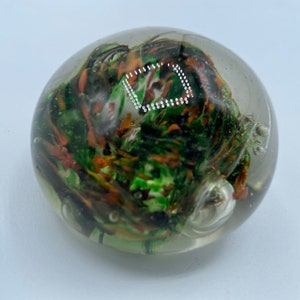 Vintage Round Green, Orange Brown Art Glass Paperweight