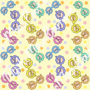 May include: A repeating pattern on a pale yellow background featuring illustrations of round, scalloped-edge sunglasses in shades of blue, green, yellow, pink, and orange, interspersed with small, simple five-petaled flowers in various pastel colors.