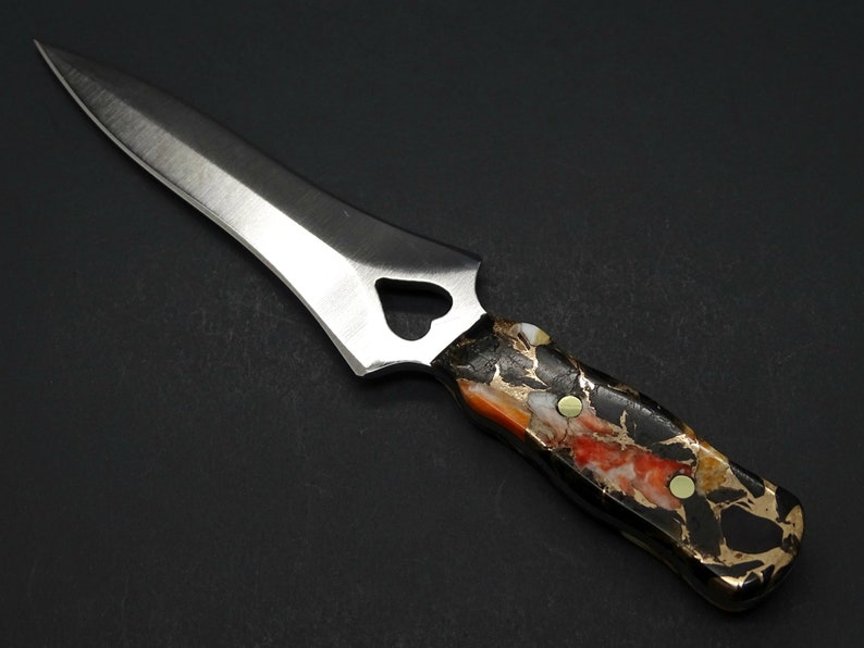 Heart Knife Stone Handle, Garter Knife Composite Handle Black Orange