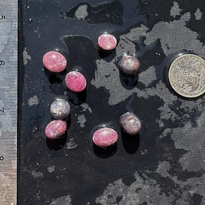 May include: A collection of pink and gray gemstones, some with a vibrant magenta hue, are arranged on a wet, dark surface. A US quarter coin and a metal ruler with "CEN-TECH" printed on it are also present, providing scale.