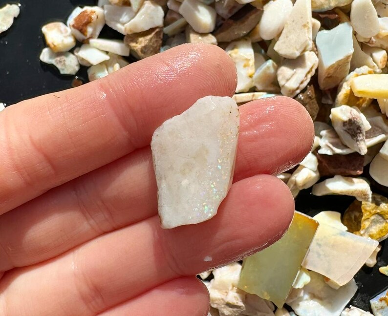K&ouml;nnte beinhalten: Eine Hand h&auml;lt einen kleinen, rauhen, wei&szlig;en Stein mit schillernden Flecken. Der Stein ist von einer Vielzahl anderer kleiner, unregelm&auml;&szlig;ig geformter Steine in Wei&szlig;-, Braun- und Gelbt&ouml;nen umgeben.